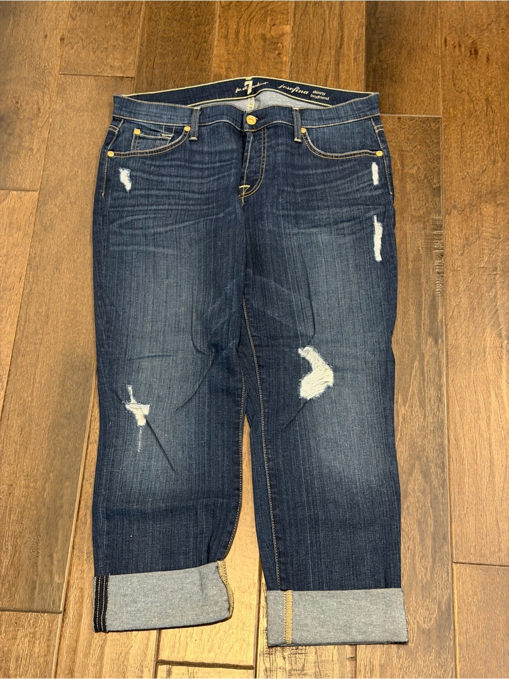 7 For All Mankind Dark Indigo Distressed Cuffed Jeans